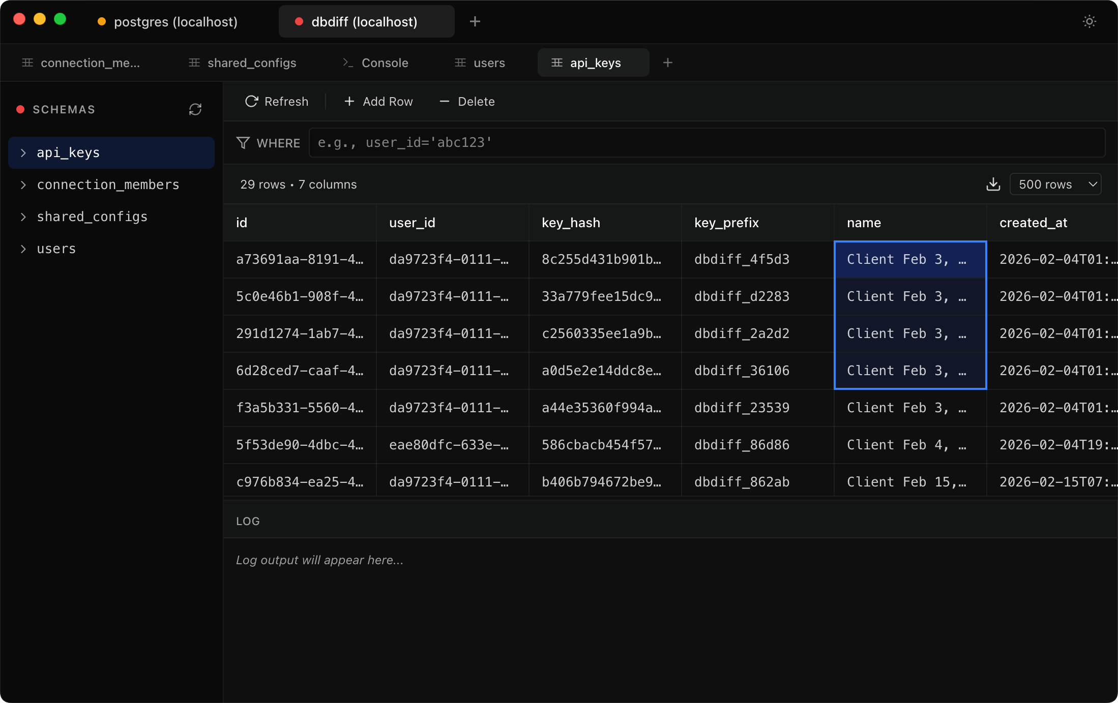 dbdiff showing a database table view with spreadsheet editing